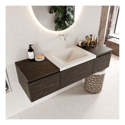 Mondiaz Bukla 140cm badmeubel met module 40 dark brown 3 lades met wastafel midden zonder kraangat kleur talc