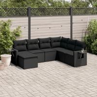 7-delige Loungeset met kussens poly rattan zwart