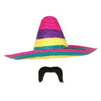 Carnaval verkleed set - Mexicaanse sombrero hoed met plaksnor - gekleurd - heren