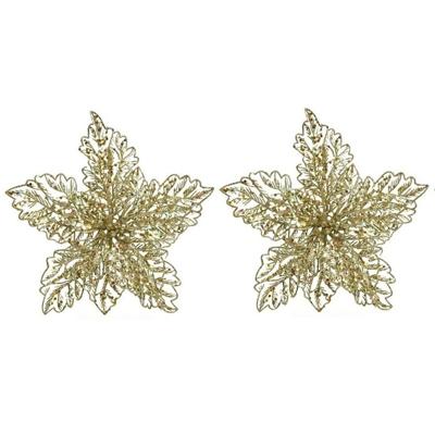 Bellatio Decorations Kersthangers - 2x - 23 cm - glitter bloem - goud