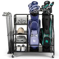 Organiser voor Sportuitrusting met Afneembare Wielen Opbergrek voor 2 Golftassen met Golfclubhouder 6 Haken voor Garage Club