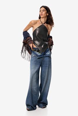 Denim broek met dubbele tailleband - BLUE - S