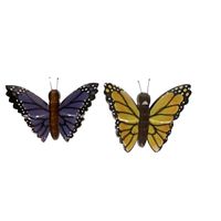2x magneet hout gele en paarse vlinder