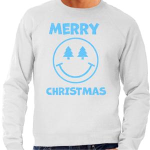 Foute Kersttrui/sweater voor heren - Merry Christmas - Smile Emoticon - grijs - glitter blauw