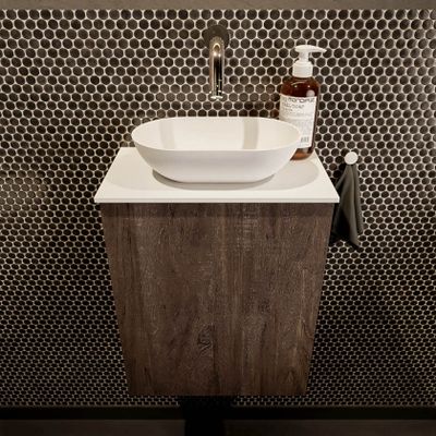 Mondiaz Fowy toiletmeubel 40cm dark brown met blad en waskom talc midden zonder kraangat