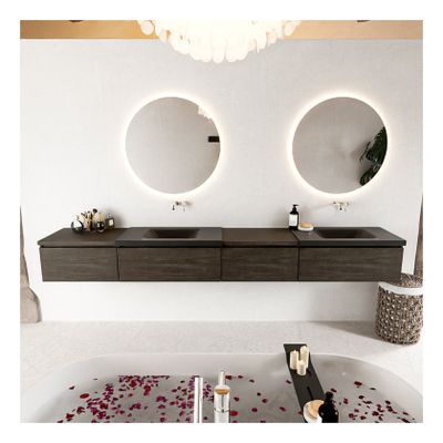 Mondiaz Bukla 280cm badmeubel met module 60 rechts kleur dark brown met 4 lades en wastafel dubbel zonder kraangat kleur urban