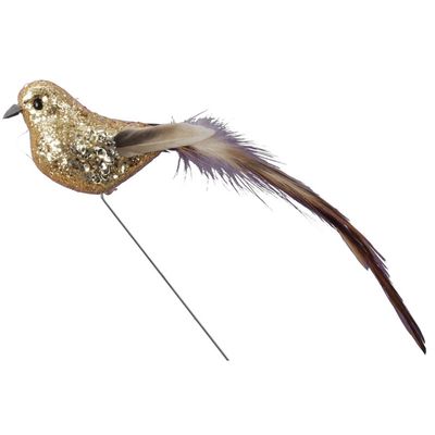 6x Vogels op steker goud 15 cm met glitters decoratie materiaal - Kerststukjes 6x Vogels op steker goud 15 cm met glitters decoratie materiaal - Kerststukjes