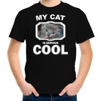 Grijze kat katten / poezen t-shirt my cat is serious cool zwart voor kinderen - thumbnail