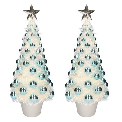 2x stuks complete mini kunst kerstbomen / kunstbomen blauw met lichtjes 50 cm
