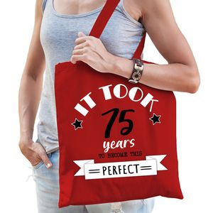 Cadeau tas voor dames - 75 en perfect - rood - katoen - 42 x 38 cm - vijfenzeventig - shopper