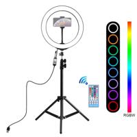 PULUZ 1.1 m statief mount + 10 inch 26cm RGBW LED ring VLogging video licht live broadcast kits met afstandsbediening & koude schoen statief bal hoofd