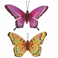 Vlinders - 2x - metaal - geel/paars/roze - 35 x 24 cm - muurdecoratie tuinversiering