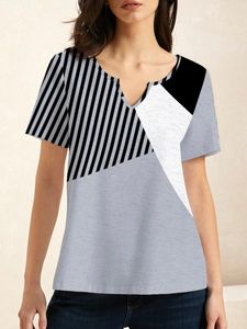 Notched Loose Striped Casual T-Shirt