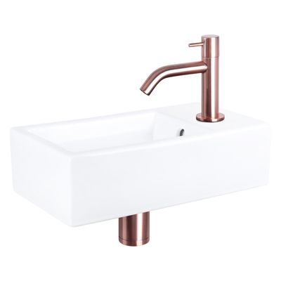 Differnz Force fonteinset - 40x22x11.5cm - Rechthoek - 1 kraangat - Gebogen rose koper kraan - Keramiek Wit 38.400.55