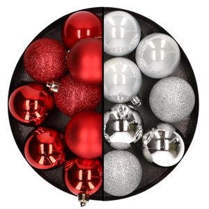 24x stuks kunststof kerstballen mix van rood en zilver 6 cm