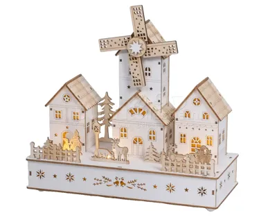 Kersttafereel Molen Hout met LED, Beweging en Muziek