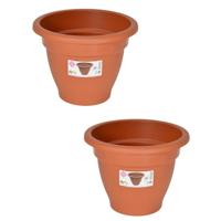 Plantenpot/bloempot - Set van 2x stuks - D22 cm - terra cotta kleur - rond - kunststof