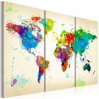 Schilderij - Wereldkaart - Kleuren van de Wereld II, Multi-gekleurd, 3luik , wanddecoratie , premium print op canvas