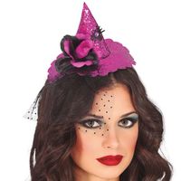 Halloween heksenhoed - mini hoedje op diadeem - one size - roze - meisjes/dames   -