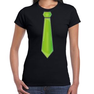 Verkleed t-shirt voor dames - stropdas groen - zwart - carnaval - foute party - verkleedshirt
