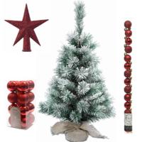 Kunst kerstboom met sneeuw 60 cm in jute zak inclusief rode versiering 31-delig - Kunstkerstboom - thumbnail