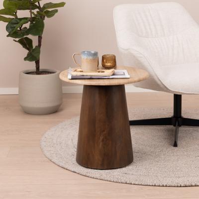 Livingfurn Ronde Bijzettafel 'Valentino' Mangohout en Travertin, 44cm