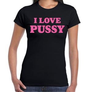 Foute party t-shirt dames - I love pussy - zwart - glitter roze - carnaval/themafeest