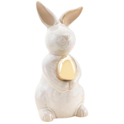 Decoratie beeld paashaas / konijn - gouden ei - wit - porselein - 13 cm - paasdecoratie