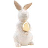 Decoratie beeld paashaas / konijn - gouden ei - wit - porselein - 13 cm - paasdecoratie