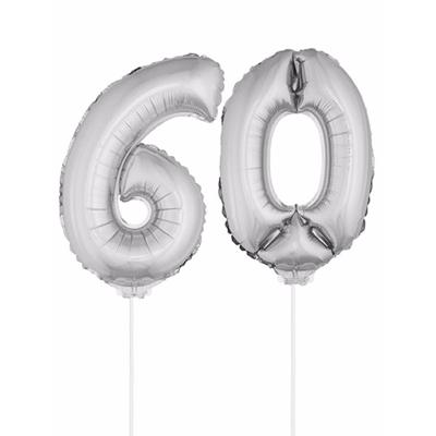 60 jaar leeftijd feestartikelen - versiering cijfers - zilver - ballonnen op stokje - van 41 cm