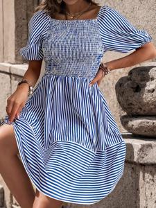 Square Neck Casual Loose Striped Dress With No