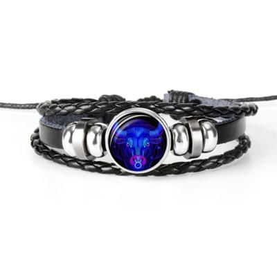 12 sterrenbeeld zwart gevlochten lederen glazen koepel Punk mannen Bracelet(Taurus)