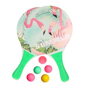 Summertime Beachball set - hout - kleurenmix - strand sport speelset - met 5x balletjes