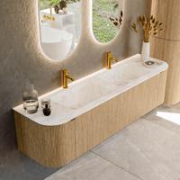 Badmeubel Mondiaz Kurve-Dlux | 170 cm | Meubelkleur Oak | Wastafelkleur Frappe | Solid surface | Dubbele spoelbak | 2 kraangaten