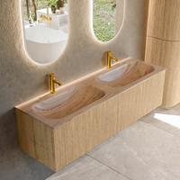 Badmeubel Mondiaz Kurve-Dlux | 150 cm | Meubelkleur Oak | Wastafelkleur Arena | Solid surface | Wasbak beide zijden spoelbak | 2 kraangaten