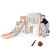 Kinder Glijbaan 9 in 1 Kinderglijbaan met Basketbalring Klimrek Tunnel Telescoop & Opbergruimte Roze+Grijs