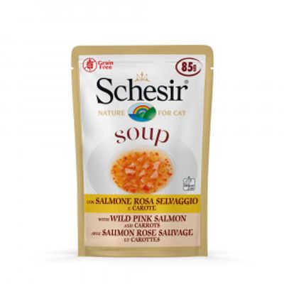 Schesir Cat Soup met wilde roze zalm en wortel natvoer kat (zakjes 85 gram) 1 doos (20 x 85 g)