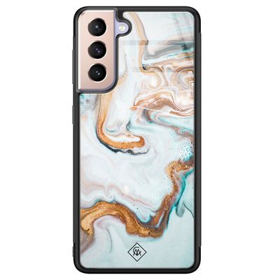 Samsung Galaxy S21 Plus glazen hardcase  - Goud blauw marmer