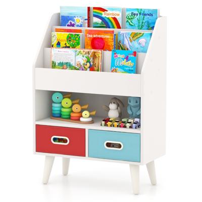 Kinderboekenkast 3-Laags Houten Kinderboekenplank 2 Opvouwbare Stoffen Lades Speelgoedopslag voor Speelkamer Slaapkamer