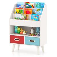 Kinderboekenkast 3-Laags Houten Kinderboekenplank 2 Opvouwbare Stoffen Lades Speelgoedopslag voor Speelkamer Slaapkamer