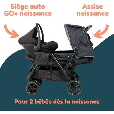 Dubbele kinderwagen - BAMBISOL - Gecombineerde dubbele kinderwagen + I-size autostoeltje - 4 wielen - Zwart