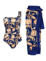 Vacation Floral Printing One Shoulder One Piece With Cover Up - thumbnail