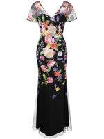 Marchesa Notte robe longue à fleurs brodées - Noir