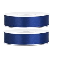 2x Hobby/decoratie donker blauw satijnen sierlinten 1,2 cm/12 mm x 25 meter