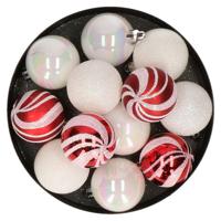 Kerstballen - 12x st - parelmoer wit/rood - D4 cm - kunststof - kerstversiering