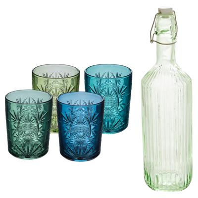 Waterglazen set Ayla - 4x stuks - met waterfles - transparant groen / blauw