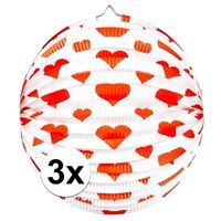 3x stuks Bol lampionnen rond met rode hartjes 25 cm 3x stuks Bol lampionnen rond met rode hartjes 25 cm