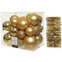 Kerstversiering kunststof kerstballen 6-8-10 cm met folieslingers pakket goud van 28x stuks