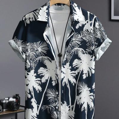 Men's Tropical Palm Tree Print Short Sleeve Summer Boho Shirt Navy Blue / XL