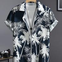 Men's Tropical Palm Tree Print Short Sleeve Summer Boho Shirt Navy Blue / XL